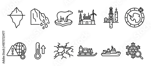 Set of thin line icons representing arctic and antarctic themes, including global warming, a melting glacier, a polar bear, a research station, and an icebreaker ship