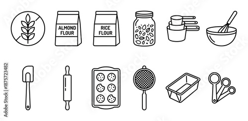 Gluten-free baking and cooking icon set with various kitchen tools, ingredients, and equipment like flour, a whisk, and a rolling pin, drawn in a minimalist outline style