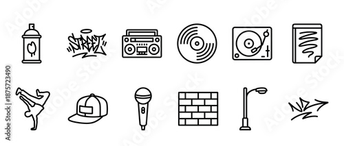 Set of black line icons representing hip hop culture including a spray can, graffiti tag, boombox, turntable, and breakdancer in a minimalist vector style