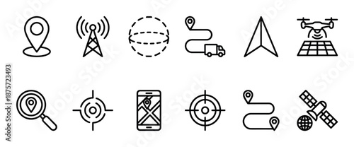 Set of black linear icons representing navigation, GPS, and location tracking, featuring symbols like a map pin, satellite, drone, delivery truck route, and smartphone app