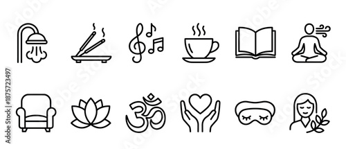 Set of black line icons for self-care, relaxation, and wellness, featuring symbols for meditation, reading, music, yoga, and aromatherapy in a clean, minimalist vector style
