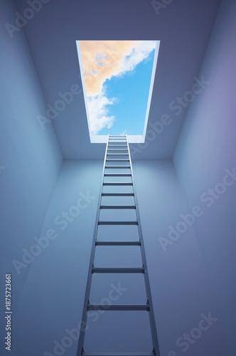 Ladder leading up from a confined room through an opening to a bright blue sky, representing opportunity and success