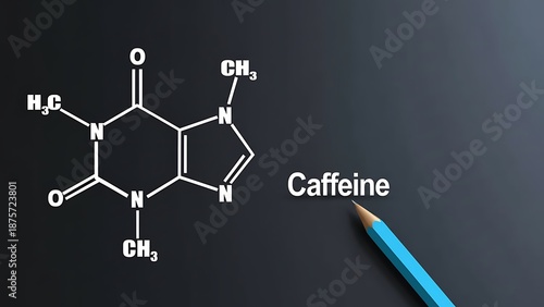 Detailed chemical structure of caffeine molecule with its name and a blue pencil on a dark textured background, science concept