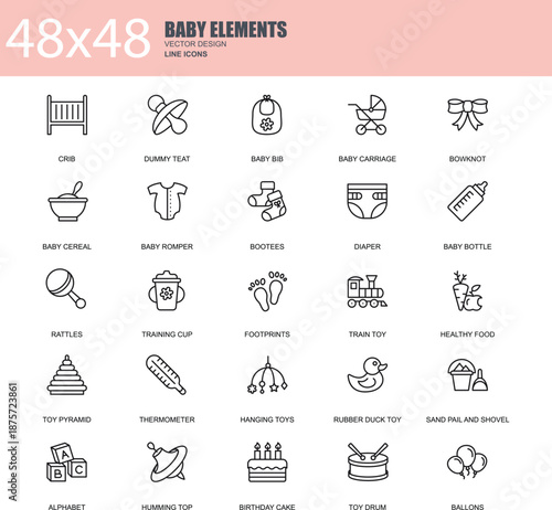 Baby and Newborn Line Icon Set, Infant Care, Toys and Accessories Outline Symbols Collection