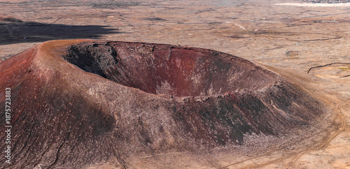 Fotografie Aerial view shows a near perfect crater in Fuerteventura, Canary Islands