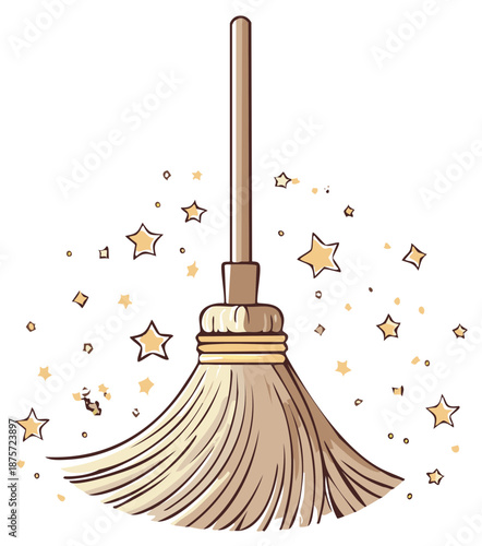 A magical cartoon broomstick sweeps with enchanting golden stars and sparkles