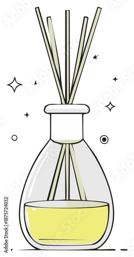 Aromatic reed diffuser with yellow liquid and decorative sparkles