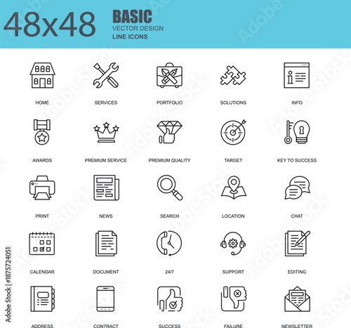 Essential UI and Business Outline Icon Pack, Web, App and Interface Vector Symbols
