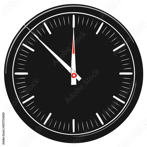 Clock face showing eleven fifty seven analog black dial indicating time passing