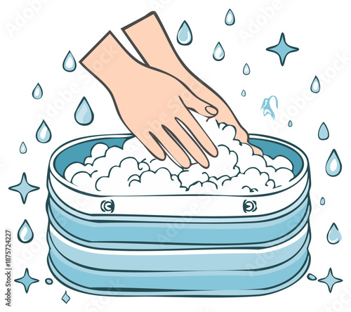 Hands washing in a tub filled with water and soap, hygiene concept