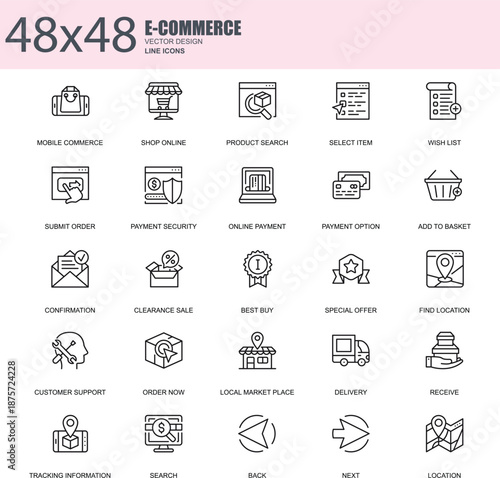 Online Store and Mobile Commerce Outline Icon Pack, Checkout, Order and Payment Vector Symbols