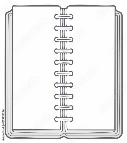 Open notebook with blank pages and spiral binding in detailed line art.
