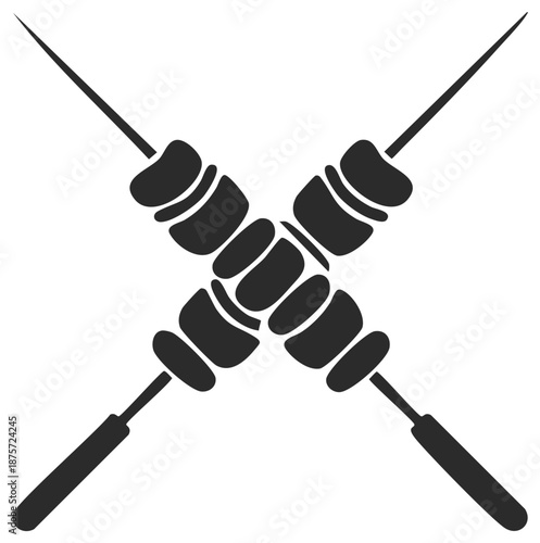 Stylized crossed skewers with food pieces ready for grilling barbecue or a summer picnic icon