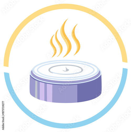 Lit candle with flickering flames inside a circular arc emblem representing warmth and tranquility