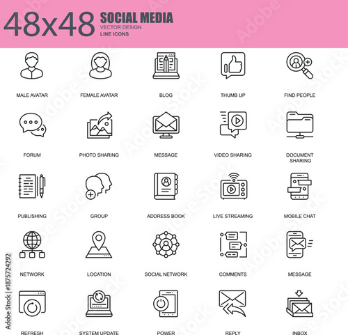 Social Media and Communication Line Icon Set, Network, Chat and Sharing Outline Symbols Collection