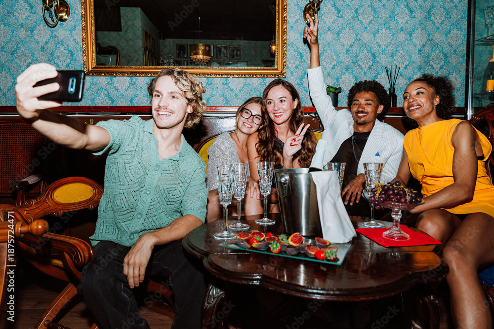 custom made wallpaper toronto digitalDiverse friends taking selfie celebrating party with champagne