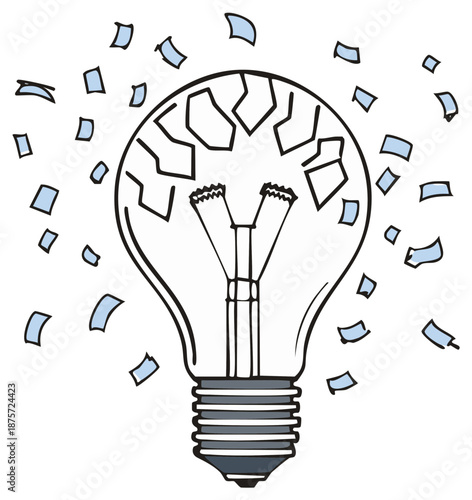 Hand Drawn Broken Lightbulb with Shattered Filament and Confetti Explosion