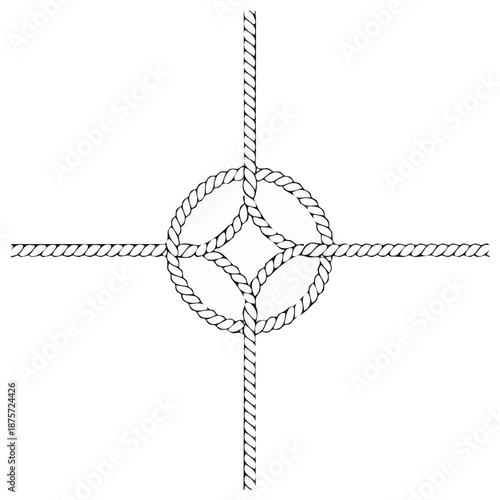 A black and white illustration of a decorative circular nautical rope knot forming a cross shape