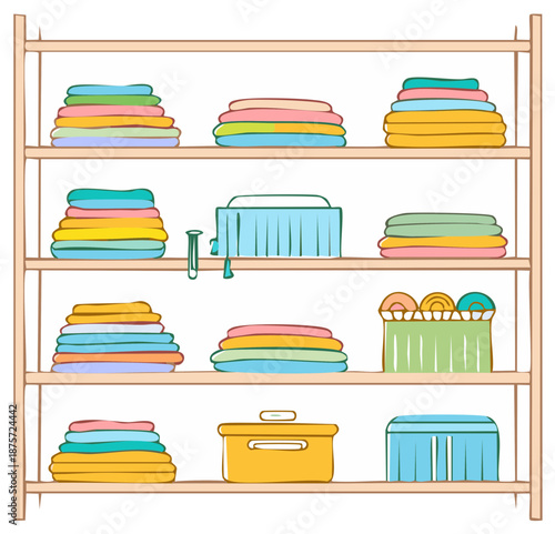 Pastel colored folded laundry stacked on clean wooden shelves with various storage containers
