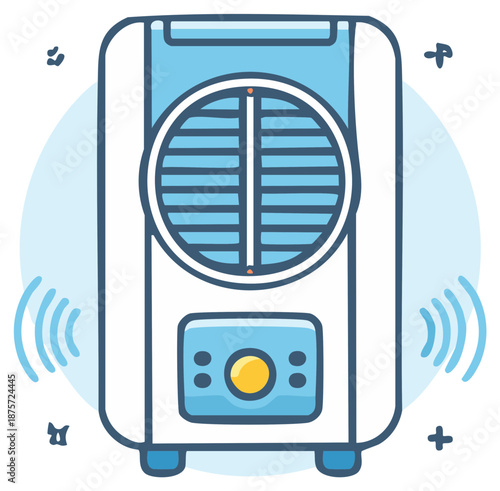 Cute cartoon evaporative air cooler fan blowing cold air vector illustration