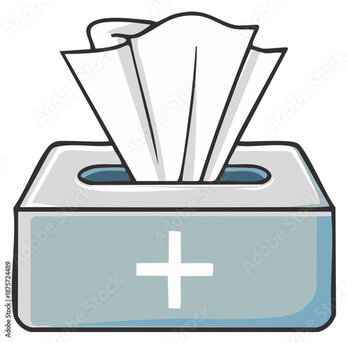 Cartoon style blue tissue box with white medical cross symbol dispensing facial tissues for health and hygiene
