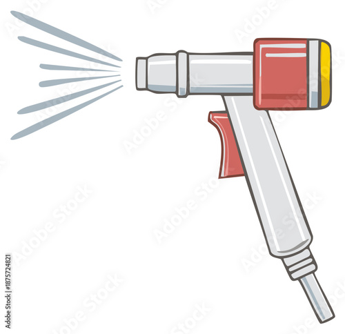 Cartoon Illustration of a Handheld Spray Tool Spritzing Water, Ideal for Gardening or Cleaning Applications, with Gray and Red Features