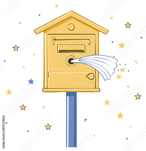 Delivering Messages - Illustrative scene of mail emerging from a yellow mailbox surrounded by shining stars and playful dots.