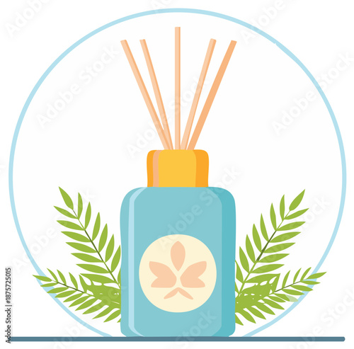 Aroma reed diffuser with essential oil and botanical leaves. Flat vector illustration for spa and relaxation.