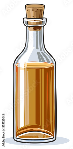 Illustration of a decorative glass bottle with amber liquid and a cork stopper