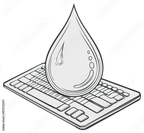 Water drop falls on the keyboard. Keyboard damage concept. Illustration concept of carelessness and possible damage to computer