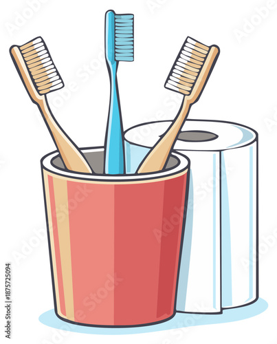 Three Toothbrushes in a Red Holder Beside Toilet Paper Roll Bathroom Hygiene Objects