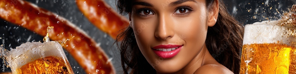 Naklejka premium Beautiful Woman with Refreshing Beer and Grilled Sausages