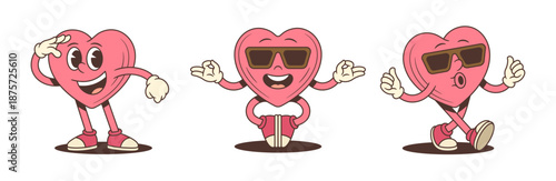 Set of funny retro cartoon heart character mascot. Groovy pink love symbol with sunglasses in various poses. Playful comic personage for sticker or patch design. Trendy vector illustration
