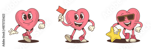 Set of funny retro cartoon heart character mascots. Groovy pink love symbol in various poses with flag and star. Playful comic personage for sticker or patch design. Trendy vector illustration