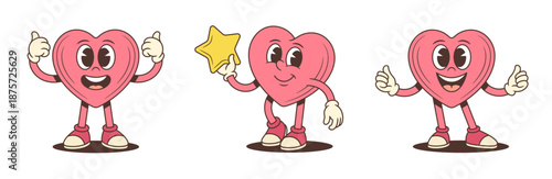 Set of joyful retro cartoon heart character mascots. Groovy pink love symbol in various poses showing thumbs up and holding a star. Playful comic personage for sticker or patch design
