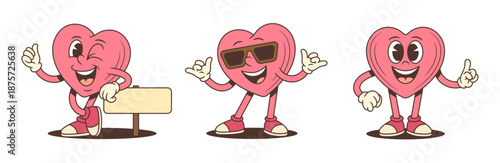Set of groovy retro cartoon heart character mascots. Funny pink love symbol in various poses with sign and sunglasses. Playful comic personage for sticker or patch design. Trendy vector illustration