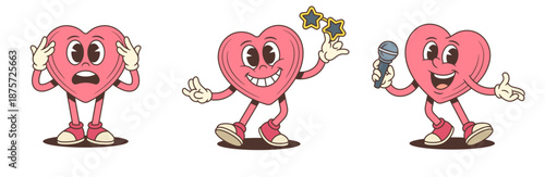 Set of emotional retro cartoon heart character mascots. Pink love symbol is singing, shocked, holding star glasses. Playful comic personage for sticker design. Groovy vector illustration