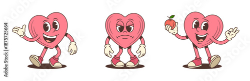 Set of emotional retro cartoon heart character mascots. Pink love symbol is happy, sad, and holding a red apple. Playful comic personage for sticker or patch design. Groovy vector illustration