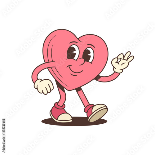 Groovy cartoon character in trendy retro style. Pink heart mascot with OK hand sign. Perfect vector illustration for a positive sticker or poster. Happy and walking cartoon character
