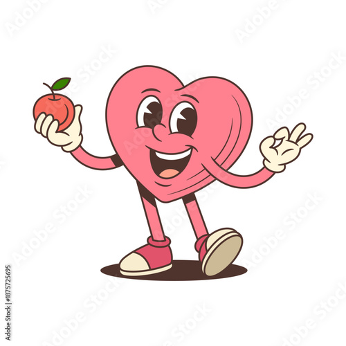 Groovy cartoon character in trendy retro style. Pink heart mascot holding apple and showing ok sign. Perfect vector illustration for healthy food concept. Funny and lovely cartoon character