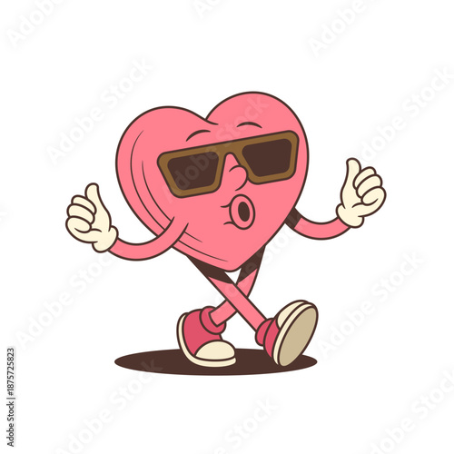 Retro cartoon heart character mascot with sunglasses showing thumbs up gesture. A cool and confident walking pose. Funny vintage comic style vector illustration for positive vibes and Valentine's Day