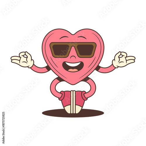 Retro cartoon heart character mascot in sunglasses meditating in a yoga lotus pose. A calm and peaceful vector illustration for self-love and zen vibes. Funny vintage comic style art