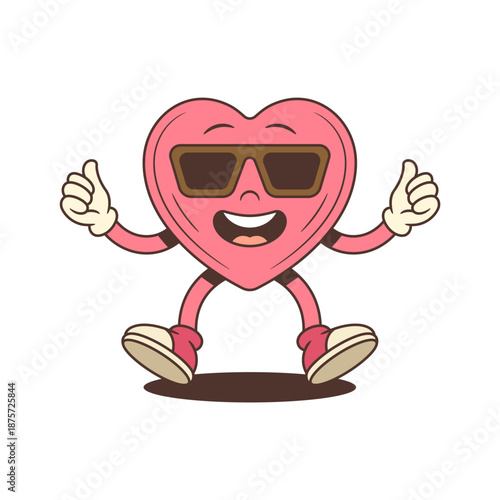 Retro cartoon heart character mascot in sunglasses jumping with a thumbs-up gesture. A happy vector illustration for approval or positive feedback. Funny vintage comic style art