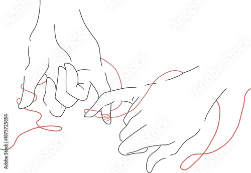Red thread of fate tied little fingers of two. Holding hands one line drawing on white isolated background. Valentine's day vector illustration.