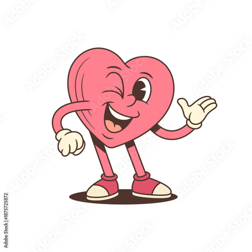 Retro cartoon heart character mascot winking and presenting. A groovy vector illustration for a playful greeting. Funny vintage comic style art for a charming and friendly vibe