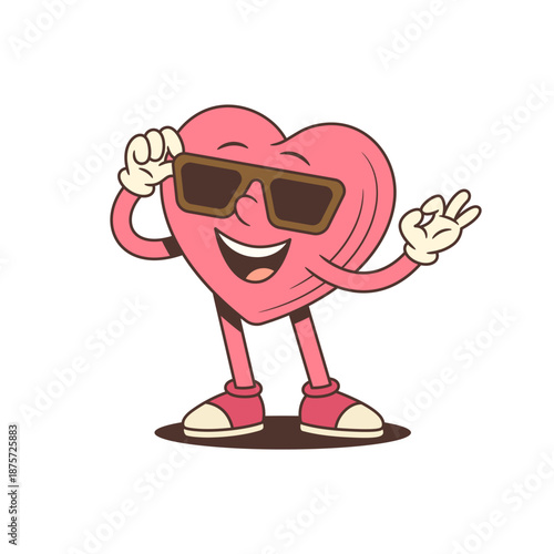 Retro cartoon heart character mascot wearing sunglasses and showing an OK gesture. A groovy vector illustration for positive vibes. Funny vintage comic style art for a happy mood
