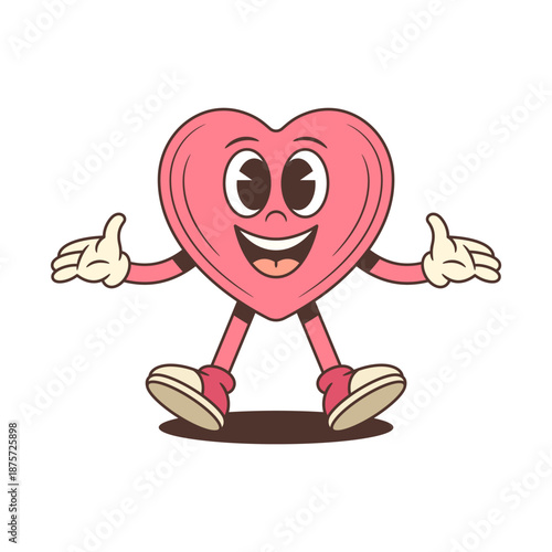 Retro cartoon heart character mascot with open arms for a hug. A groovy vector illustration for a friendly welcome. Funny vintage comic style art for a charming and happy vibe