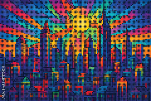 Stained glass style halftone city illustration with vivid light reflections on urban buildings