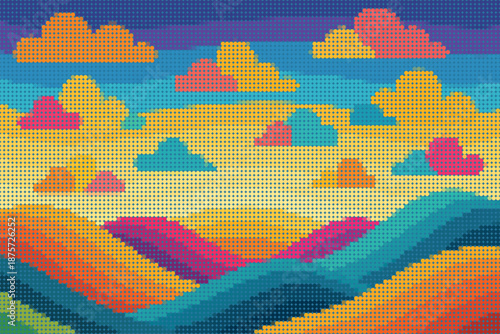 Playful halftone landscape with colorful clouds, striped hills and layered sky bands illustration