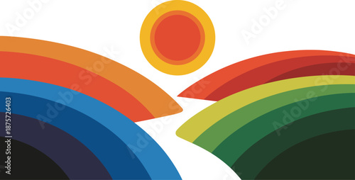 Vibrant Abstract Landscape with Rolling Hills and Radiant Sun